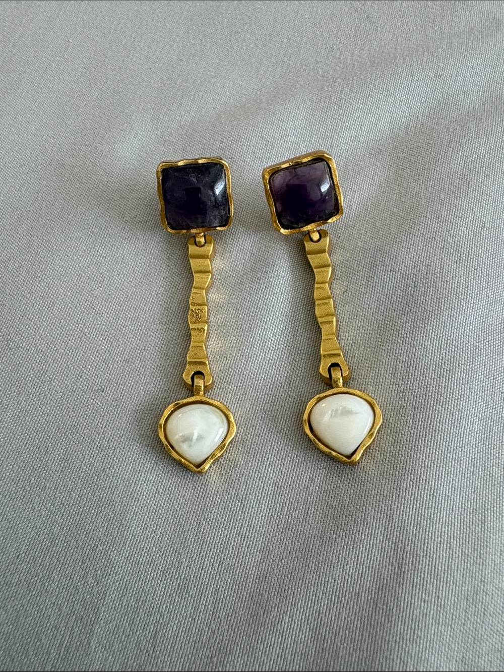 Gold-Tone Dangle Earrings with Purple Stone and Pearl Teardrop